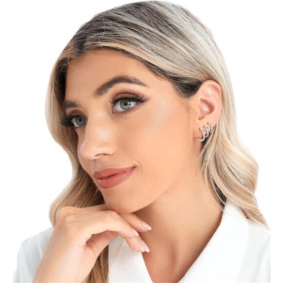 3 Pairs 925Sterling Silver Hoop Earrings 14K White Gold Plated Small Silver Hoop - Picture 4 of 6